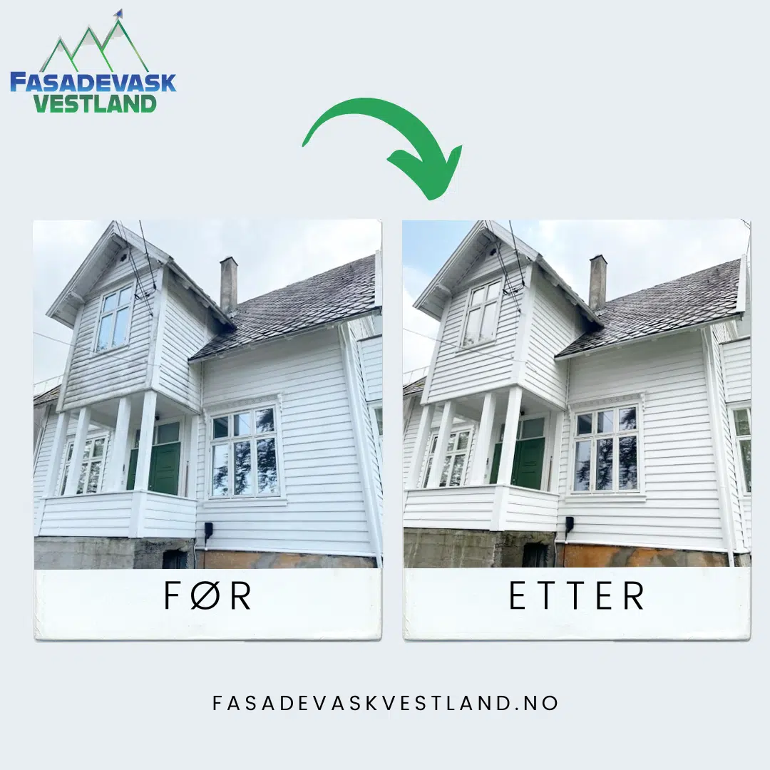 Før- og etterbilde av jobb utført av Fasadevask Vestland